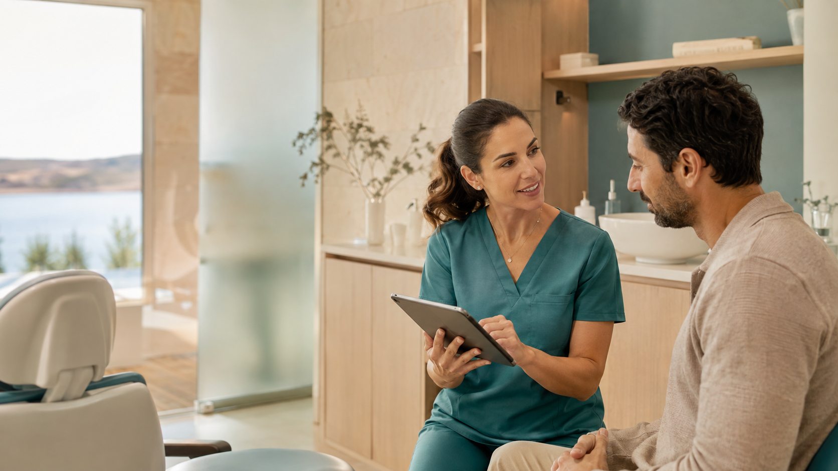 Dentist explaining a treatment plan to a patient in a bright consultation room